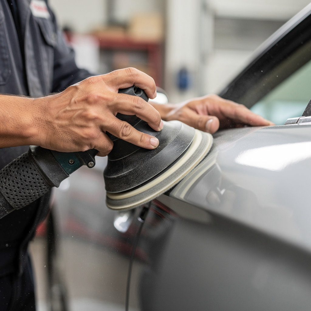 E & M Auto Body San Diego technician performing detailed auto body repair and paint service in San Diego